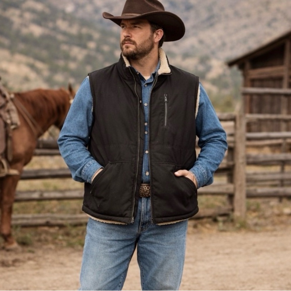 Lee Black Canvas Sherpa Lined Zip Vest Size L Western Ranch Workwear Heritage